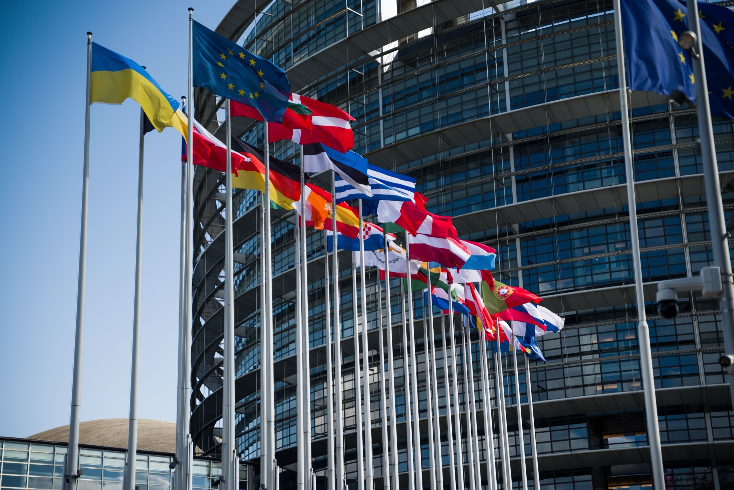 Bandiere degli Stati membri davanti al palazzo del Parlamento europeo