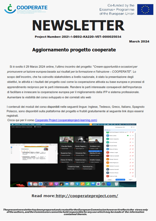 Newsletter COOPERATE di marzo 2024, con il link al corso online